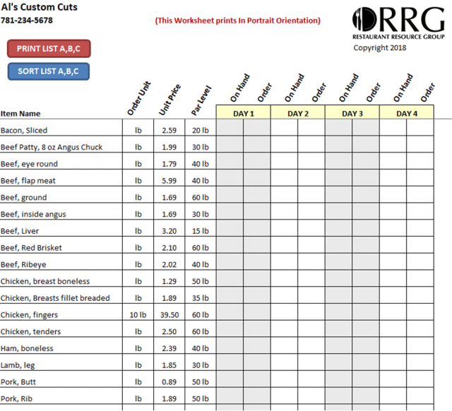 restaurant vendor order guide workbook/spreadsheet